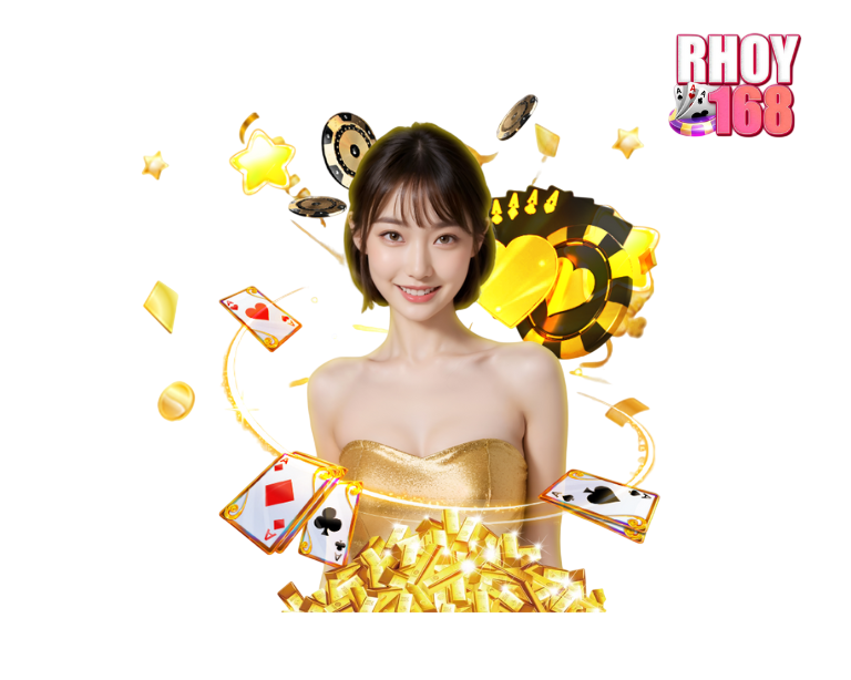 ภาพโปรโมท RHOY168 มีหญิงสาวสวมชุดสีทองยิ้มสดใส ยืนกลางภาพ รายล้อมด้วยชิปคาสิโน ไพ่ เหรียญทอง และเอฟเฟกต์แสงดาว บนพื้นหลังสีดำ สื่อถึงการเดิมพันมั่นใจและโอกาสรับรางวัลใหญ่
